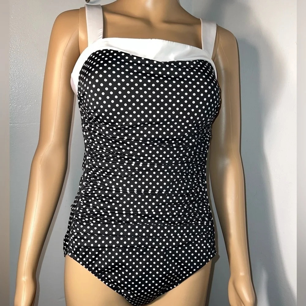 Swim solutions, 10, 1 piece, ruched sides w/tummy control panel, square neckline